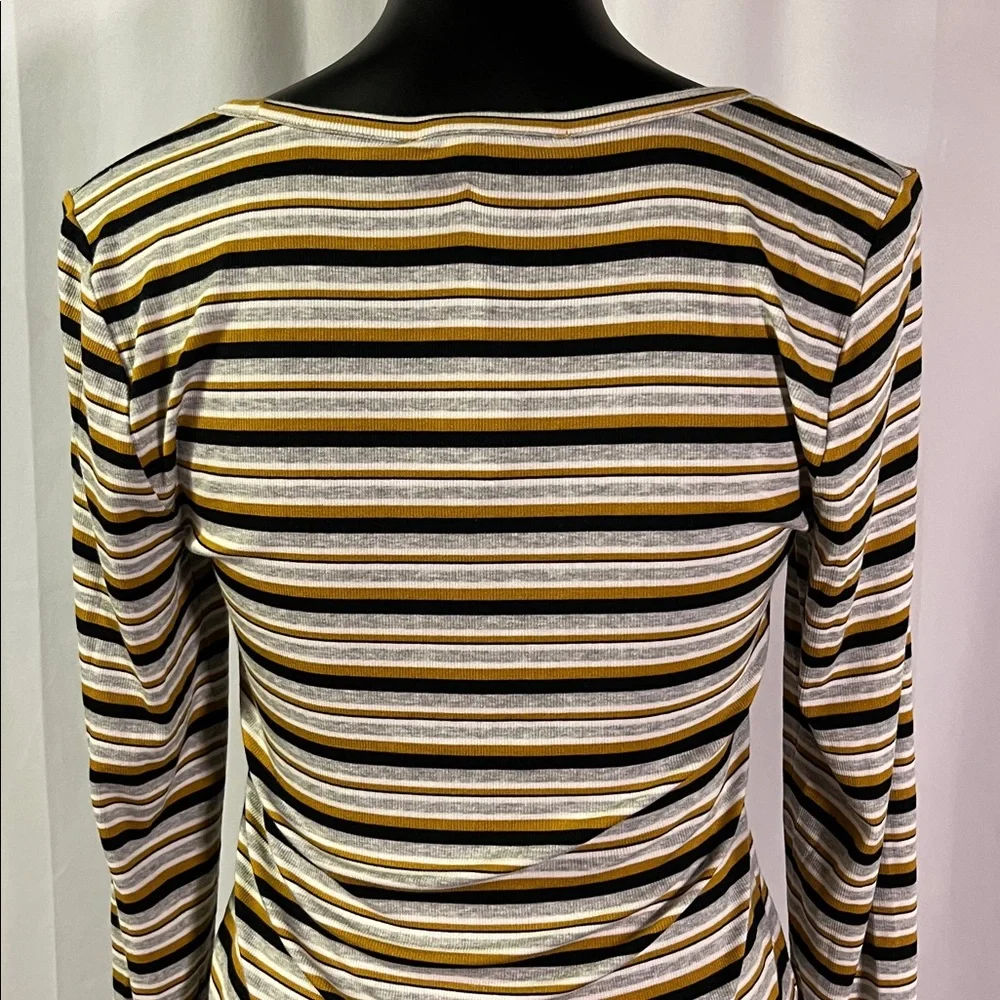 NWT LOFT Mustard Yellow Black & Gray Striped Long Sleeve Round Neck Top